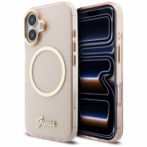 Guess IML Script Metal MagSafe Dėklas for iPhone 17 - rožinis