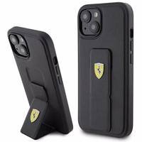 Ferrari Grip Stand Metal Logo dėklas iPhone 15 – juodas