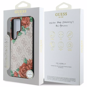 Guess odinis 4G gėlių rašto Magnētinis dėklas telefonui Samsung Galaxy S25 Ultra - rožinis