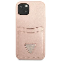 Guess GUHCP13SPSATPP iPhone 13 mini 5,4 "rožinis / rožinis kietas dėklas SaffianoTriangle Logo Kortelių skyrius