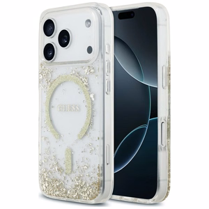Guess Resin Bottom Glitter MagSafe dėklas, skirtas iPhone 18 Pro / 17 Pro, auksinis