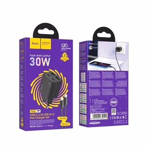 Įkroviklis Hoco 2 x USB C + 2 x USB A QC3.0 PD 3A 30W + kabelis USB C į Lightning N56 juodas