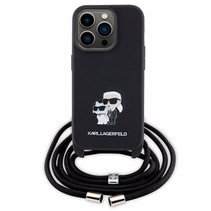 Karl Lagerfeld kryžminis Saffiano metalinis ženkliukas Karl & Choupette dėklas telefonui iPhone 15 Pro - juodas