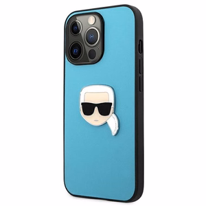 Karl Lagerfeld KLHCP13XPKMB iPhone 13 Pro Max 6,7" mėlynas kietas dėklas Leather Ikonik Karl`s Head Metal