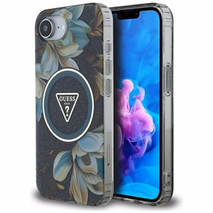 Guess IML Metal Glitter Flowers Triangle Magnetinis dėklas telefonui iPhone 16e - juodas