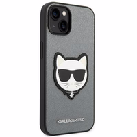 Karl Lagerfeld Saffiano Choupette Head Patch dėklas telefonui iPhone 14 Plus - sidabrinis