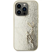 Karl Lagerfeld Wrinkled Metal Signature dėklas telefonui iPhone 15 Pro - auksinė