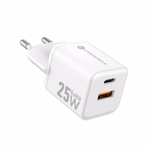 FORCELL F-ENERGY Mini GaN III VT-25B kelioninis įkroviklis su 1 x Type C + 1x USB A lizdais, PD QC4.0 25W baltas