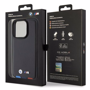 BMW BMHCP15L22PTDK dėklas telefonui iPhone 15 Pro 6.1" juodas/juodas odinis su trispalve emblema