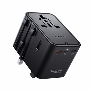 Acefast Z8 GaN 45W kelioninis adapteris 3x USB-C + 2x USB-A kelioninis tinklo įkroviklis su 2500W AC lizdu - juodas