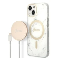 Rinkinys Guess GUBPP14MHMEACSH dėklas + įkroviklis iPhone 14 Plus 6.7" baltas/baltas kietas dėklas Marble Magnetinis