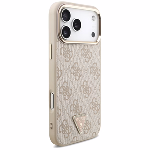 Чехол Guess PU Leather 4G Strass Triangle Logo Gold Frame MagSafe для Apple iPhone 18 Pro Max, розовый