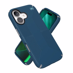 Speck Presidio2 Grip MagSafe dėklas, skirtas iPhone 17, „Deep Sea / Silver Metallic“ spalvos