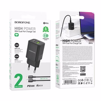 Borofone Sieninis įkroviklis BN14 Royal GaN - USB + Type C - QC 3.0 PD 30W su Type C į Lightning kabeliu juodas
