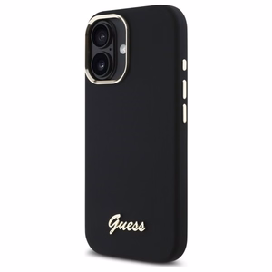 "Guess" silikoninis metalinis dėklas su logotipu ir rėmeliu, skirtas iPhone 16 - juodas