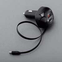 FORCELL F-ENERGY Alu automobilinis įkroviklis su įtraukiamu kabeliu Type C ir Type C + USB A jungtimis PD QC4.0 SFC2.0 3A 75W juodas