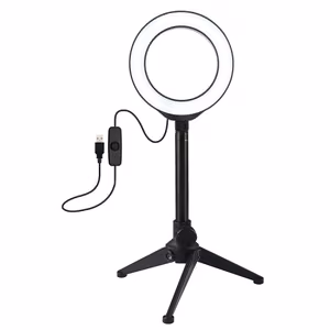 LED žiedinė lempa 12cm, su trikoju staliniu stovu iki 21.8cm, USB,