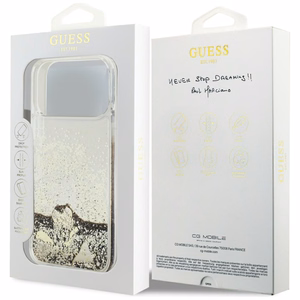 auksinis Guess Liquid Glitter 4G Charms dėklas iPhone 18 Pro Max / 17 Pro Max