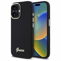 "Guess" silikoninis "iPhone 16 Plus" korpusas su metaliniu logotipu ir rėmeliu - juodas