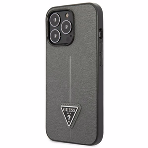 Guess GUHCP14XPSATLG iPhone 14 Pro Max 6.7" sidabrinis kietasis dėklas Saffiano Triangle Logo