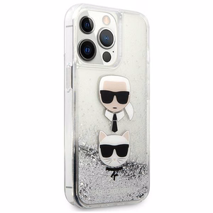 Karl Lagerfeld Skystas Glitter Karl&Choupette Galvos dėklas iPhone 13 Pro Max - sidabrinis