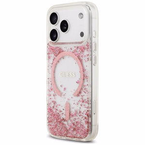 Guess Resin Bottom Glitter MagSafe dėklas, skirtas iPhone 18 Pro Max / 17 Pro Max, rožinis