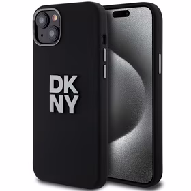 DKNY skystojo silikono metalinio logotipo dėklas telefonui iPhone 15 Plus / 14 Plus - juodas