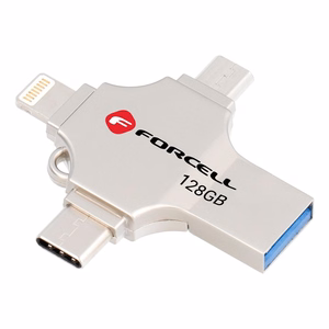 FORCELL F-DATA USB atmintukas Metal Quad 128GB USB3.2 Gen 1 (USB A / Type C / Lightning / Micro USB) sidabrinis