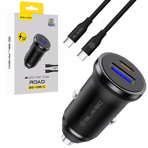 Blavec Automobilinis įkroviklis BS-01B-C Road - USB + Type C - QC 3.0 18W PD 20W su Type C to Type C cable (CCBS01BCR-UCB) juodas
