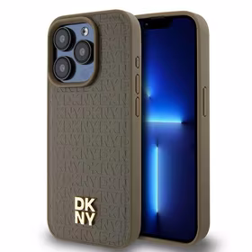 DKNY Odinis monogramos rašto metalinis logotipas Magnetinis dėklas iPhone 15 Pro - ruda