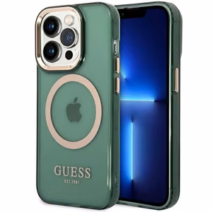 Guess GUHMP14XHTCMA iPhone 14 Pro Max 6.7" green/khaki hard case Gold Outline Translucent MagSafe