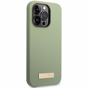 Guess silikoninis logotipo plokštė MagSafe dėklas telefonui iPhone 14 Pro Max – žalias