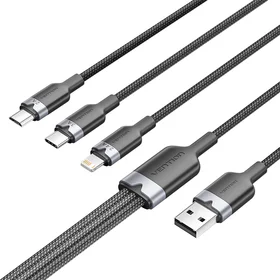 USB 2.0 A kištukas į 3-in-1 USB-C, Lightning ir Micro-B kištukas kabelis Vention 3A CTPBG 1.5m