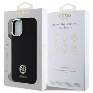 Guess Silikoninis Logo Strass 4G dėklas iPhone 16 - juodas