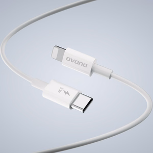 GaN Dudao A30EUL 30W USB-A / USB-C sieninis įkroviklis + USB-C - Lightning kabelis - baltas