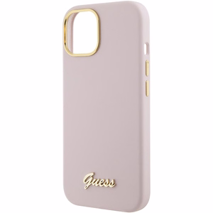 Guess Silikoninis Script Metal Logo & Frame Dėklas telefonui iPhone 15 - rožinis