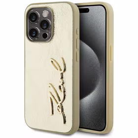 Karl Lagerfeld Wrinkled Metal Signature dėklas telefonui iPhone 15 Pro - auksinė