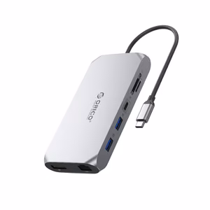 Orico XCR 12 viename USB-C prijungimo stotelė 2x USB-A 3.1 1x USB-A 2.0 1x USB-C PD 100W 1x USB-C 3.1 2x HDMI 2.0 4K 60Hz 1x DisplayPort 1.4 4K 60Hz 1x SD 3.0 1x microSD 3.0 1x RJ45 Gigabit Ethernet 1x garso CTIA 3.5 mm - pilka
