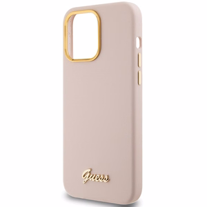 Guess silikoninis dėklas telefonui su metaliniu logotipu ir rėmeliu iPhone 15 Pro Max - rožinis