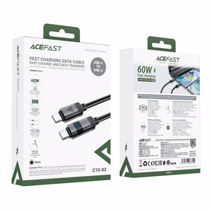 "Acefast" C15-03 USB-C - USB-C kabelis su ekranu 480Mb/s 60W 1,2 m - juodas