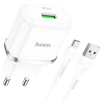 Telefono įkroviklis Hoco USB A QC3.0 3A 18W + kabelis USB A į Micro USB N3 baltas
