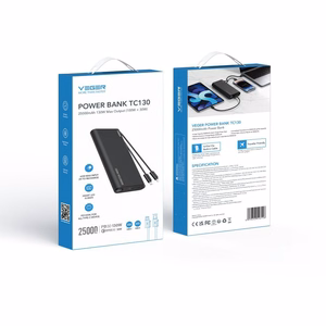 VEGER išorinė baterija 25000 mAh su įmontuotais kabeliais Type C / Lightning PD 130W TCE130 (W2503) juoda