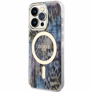 Guess GUHMP14XHLEOPWB iPhone 14 Pro Max 6.7" mėlynas kietas dėklas Leopard Magnetinis