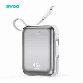 BWOO išorinė baterija P77 45W, 10000 mAh with USB-C and Lightning laidas, pilkas