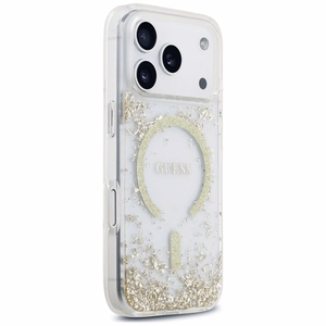 Guess Resin Bottom Glitter MagSafe dėklas, skirtas iPhone 18 Pro / 17 Pro, auksinis