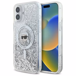 Karl Lagerfeld skystas blizgučių Karl galvos MagSafe dėklas iPhone 16 Plus - skaidrus