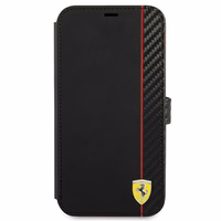 Ferrari FESAXFLBKP13SBK iPhone 13 mini 5.4" juodas/juodas knyginis dėklas On Track Carbon Stripe