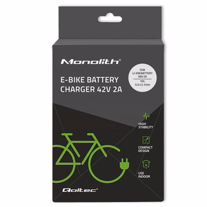 Qoltec 50760 – elektrinio dviračio akumuliatoriaus įkroviklis, 36 V / 42 V, 2 A, 5.5×2.1 mm jungtis