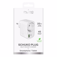 Puro 20W Power Delivery įkroviklis su Schuko kištuku ir lizdu 1x USB-C + 1x USB-A - baltas