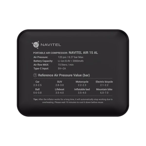 Navitel AIR 15 AL – nešiojamasis oro kompresorius, iki 120 PSI / 8.27 bar